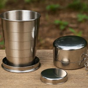 Telescopic Stainless Steel Travel Cup for Outdoor Camping Survival Portable Foldable Metal Drinking Mug with Keychain Case and Cover